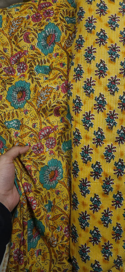 Mustard Floral Kantha Cotton Suit