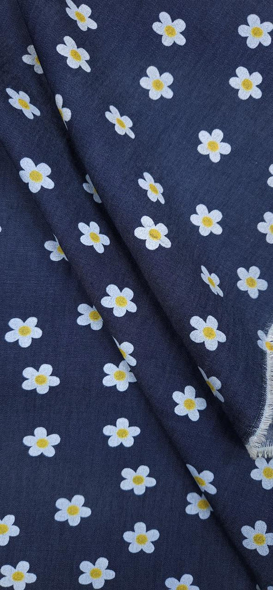 Blue Floral Daisy Cotton Denim Fabric