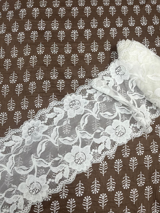 Cocoa Leaf All-Over Cotton Suit with Designer Lace