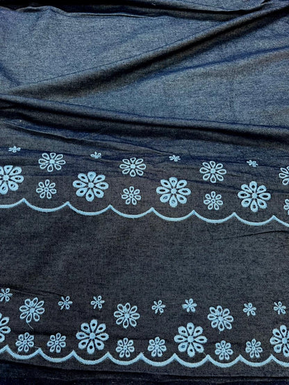 Blue Floral Border Heavy Embroidered Cotton Denim Fabric