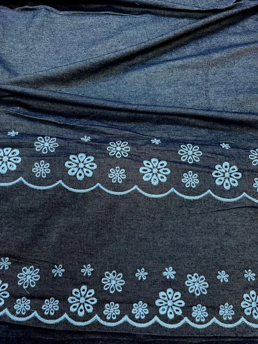 Blue Floral Border Heavy Embroidered Cotton Denim Fabric