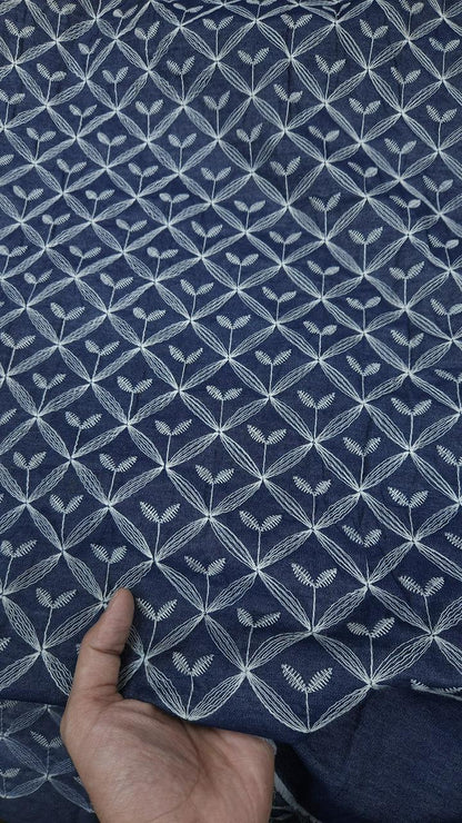 Blue Geometric Pattern Heavy Embroidered Cotton Denim Fabric