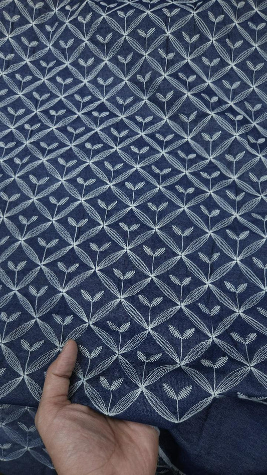 Blue Geometric Pattern Heavy Embroidered Cotton Denim Fabric
