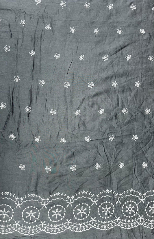 Ash Grey Cotton Schiffli Border Embroidered Fabric