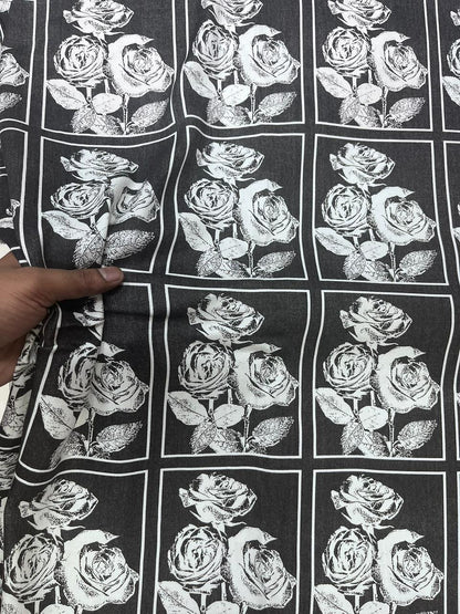 Black Rose Print Cotton Denim Fabric