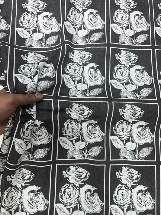 Black Rose Print Cotton Denim Fabric