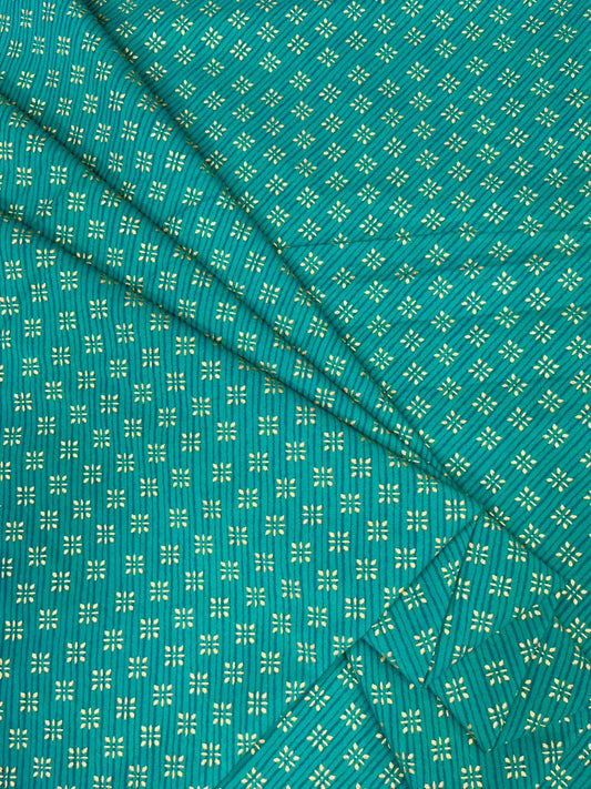 Teal Green With Golden Buta Print Cambric Cotton