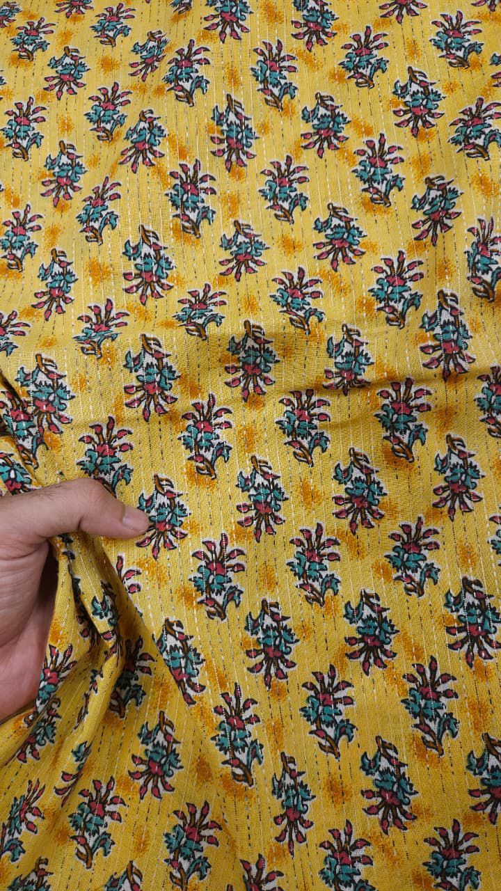 mustard Ethnic Floral Print With Kantha Cotton Cambric
