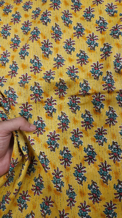 mustard Ethnic Floral Print With Kantha Cotton Cambric