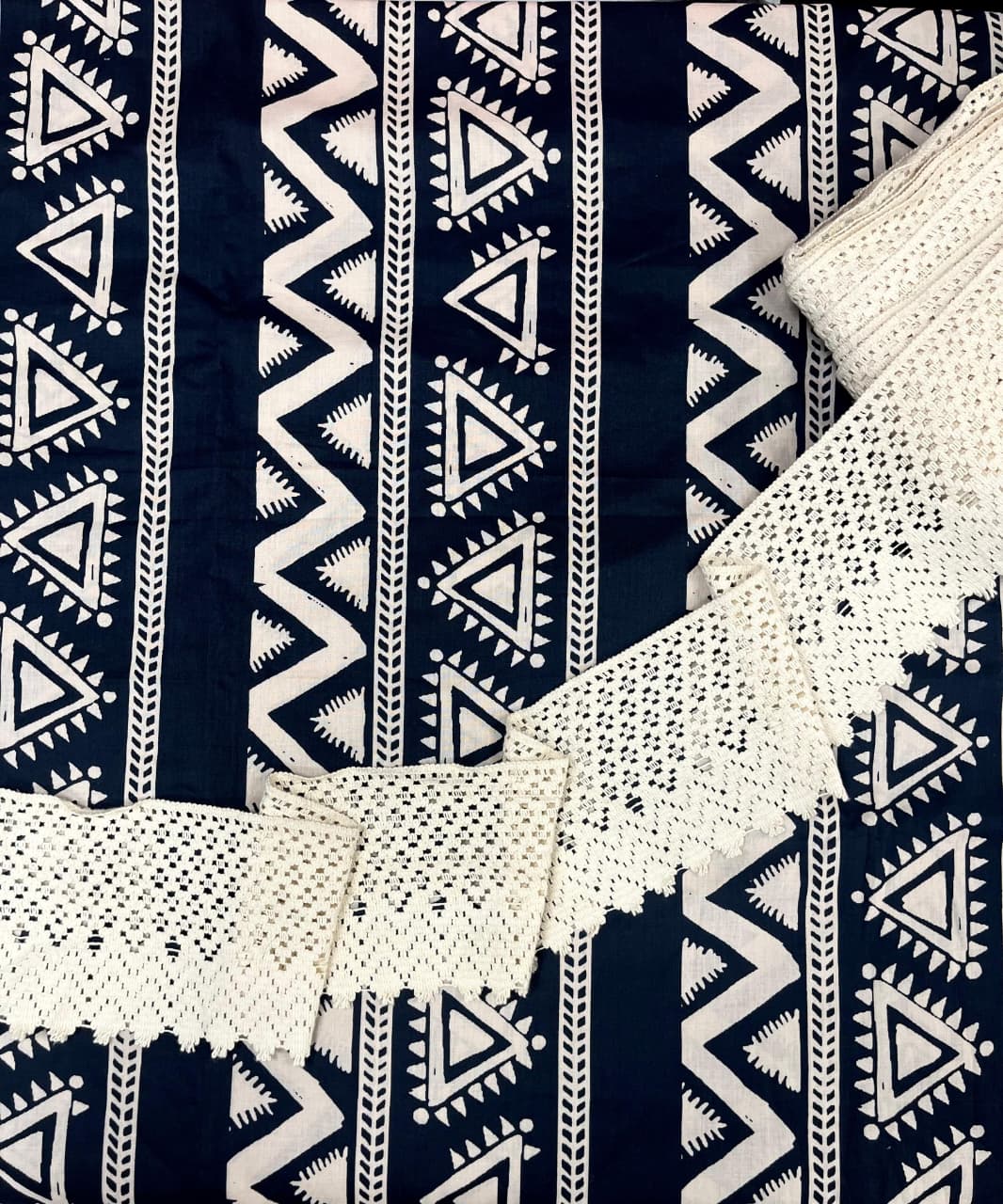 Tribal Stripes Cotton Suit with Crochet Lace