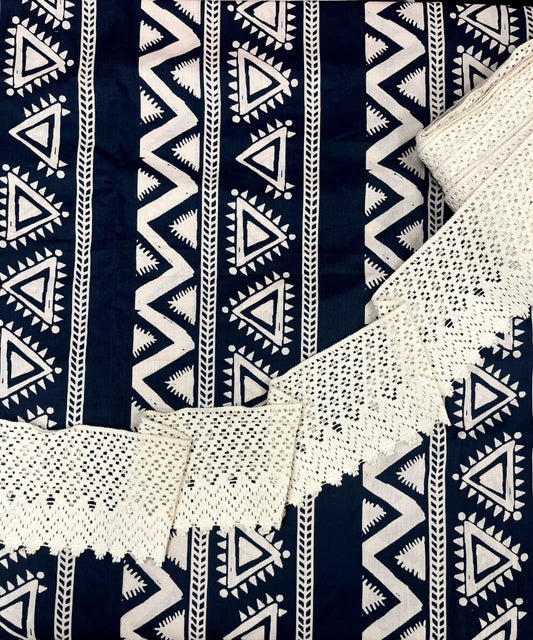 Tribal Stripes Cotton Suit with Crochet Lace