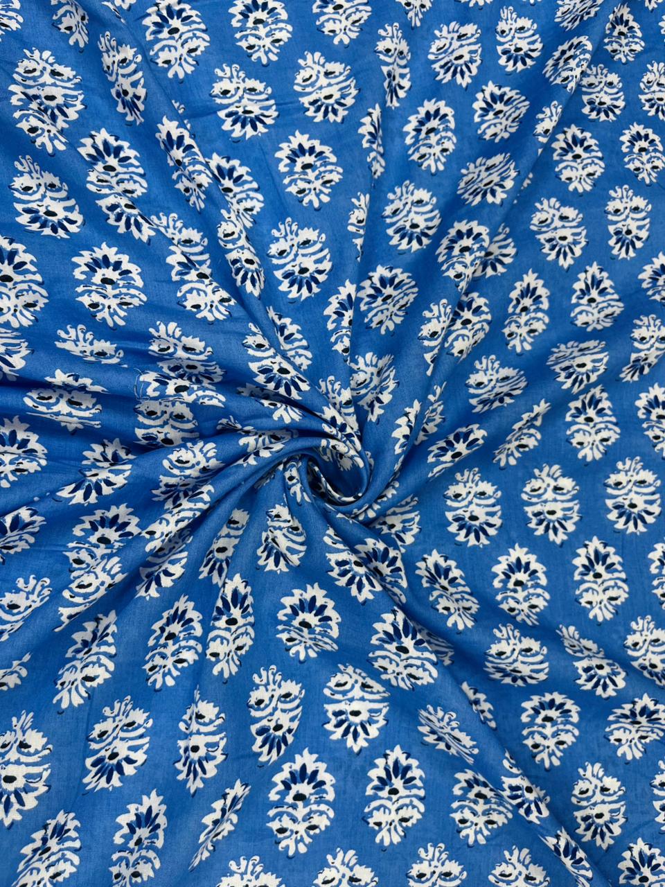 Sapphire Blue Floral Print Cambric Cotton