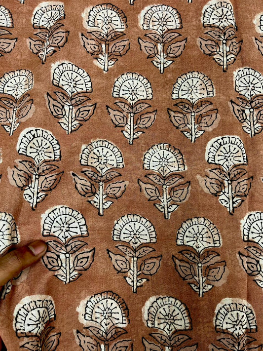 Brown Big Flower Print Cambric Cotton