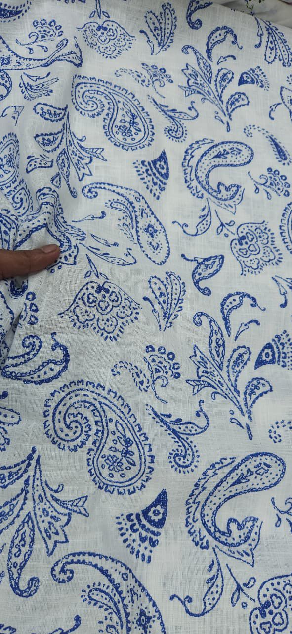 White Base Blue Paisley Print Cambric Cotton