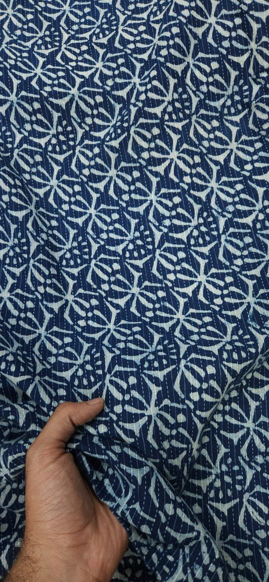 Indigo Abstarct Print With Kantha Cambric Cotton