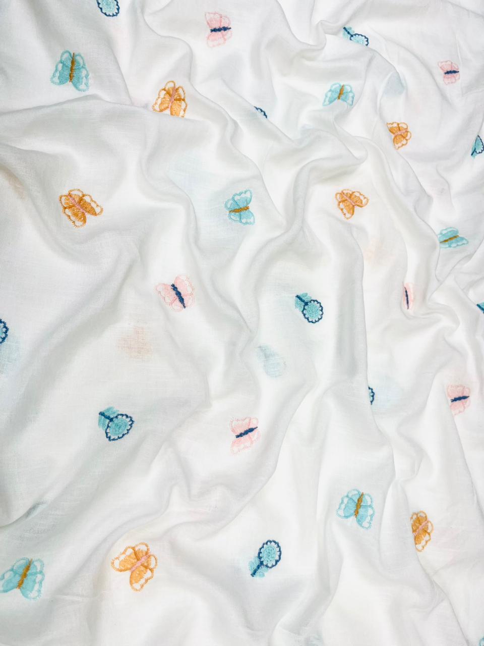 White Pastel Butterfly Embroidered Printed Linen Fabric
