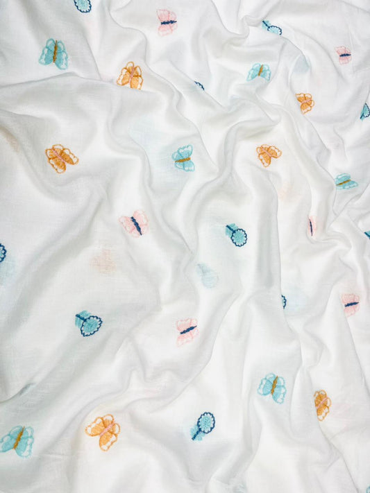 White Pastel Butterfly Embroidered Printed Linen Fabric