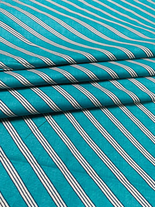 Teal Blue Stripe Pure Cotton Fabric
