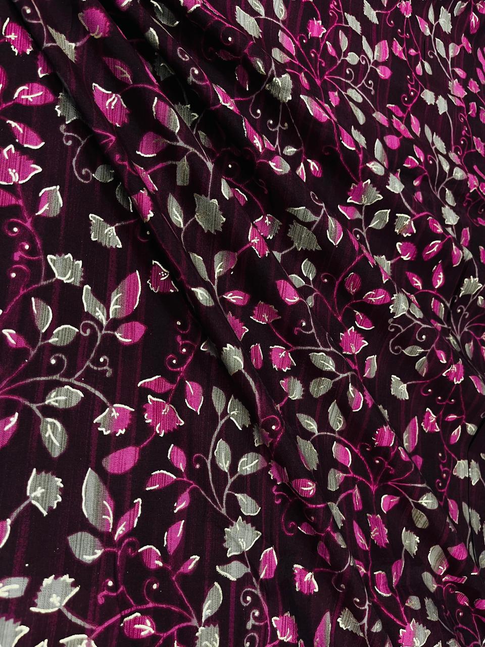 Maroon Floral Ethnic Muslin Fabric