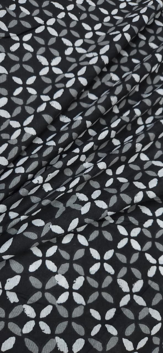 Black White leaf Print Cambric Cotton