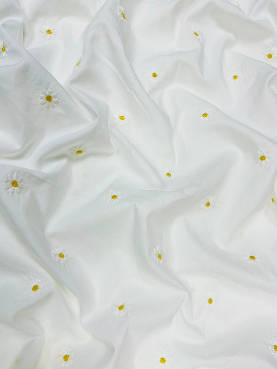 White Daisy Embroidered Poplin Cotton Fabric