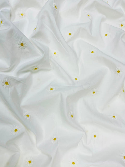 White Daisy Embroidered Poplin Cotton Fabric