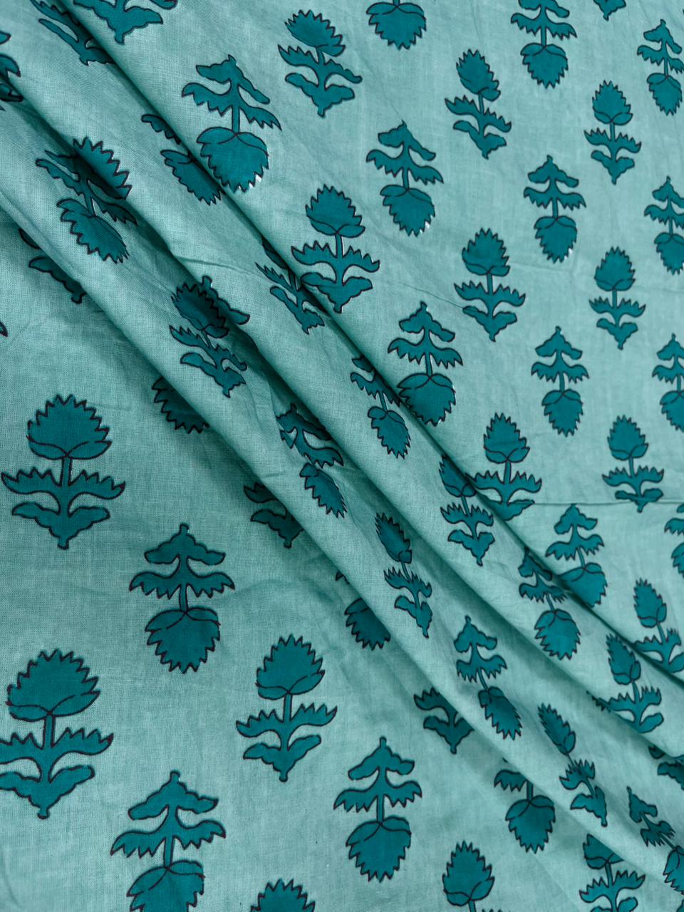 Mint Green Block Print Pure Cotton Fabric
