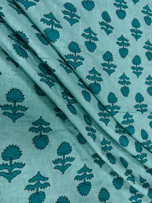 Mint Green Block Print Pure Cotton Fabric