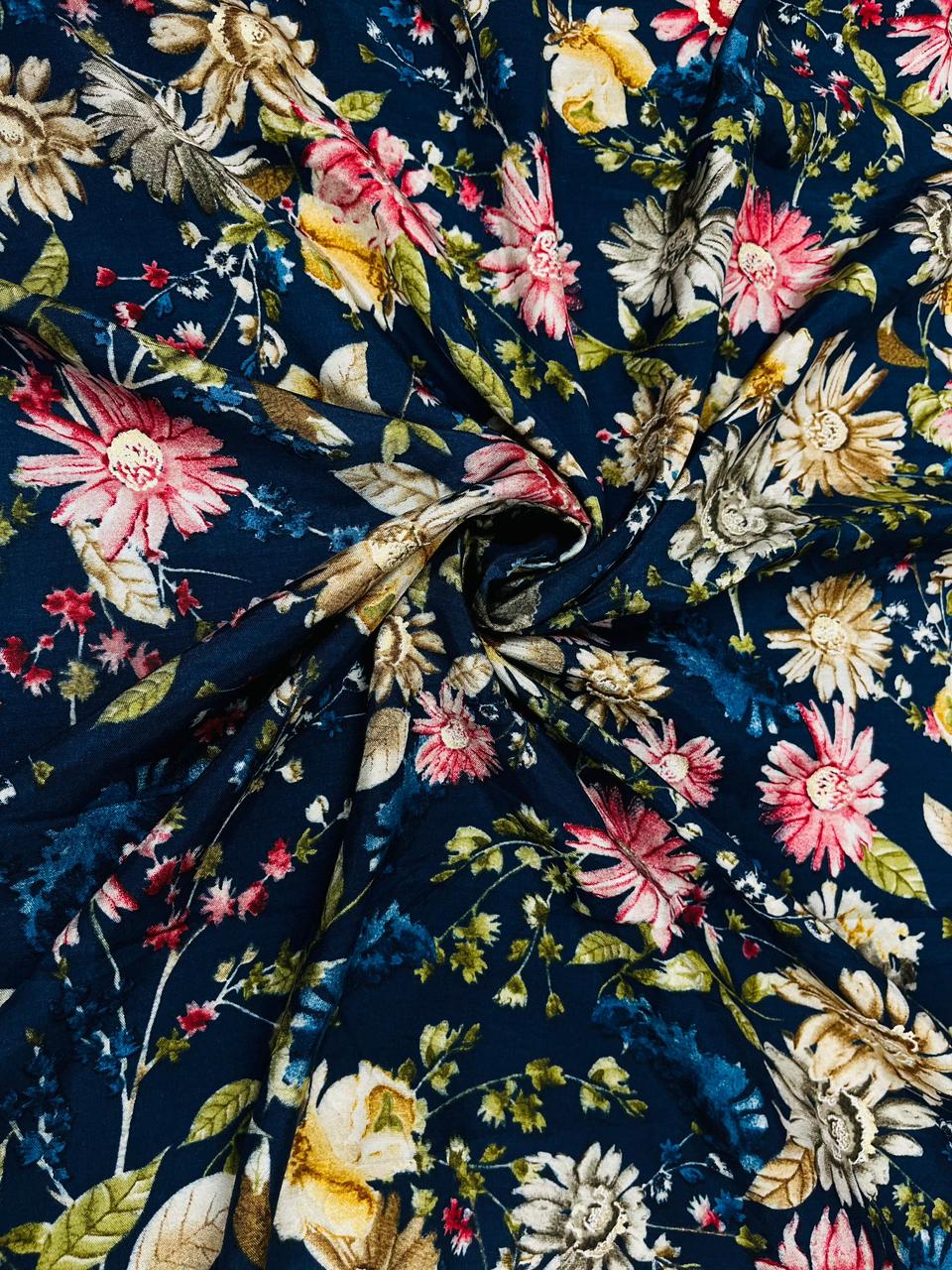 Navy Blue Big Floral Muslin Fabric