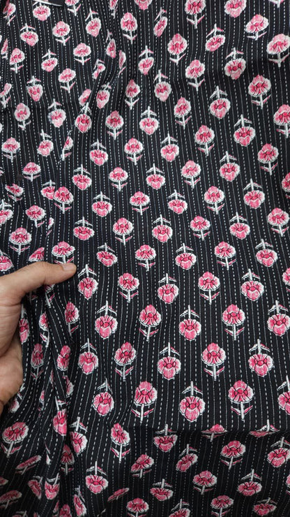 Black Pink Floral With Kantha Cambric Cotton