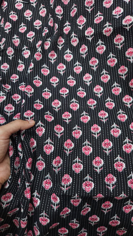 Black Pink Floral With Kantha Cambric Cotton