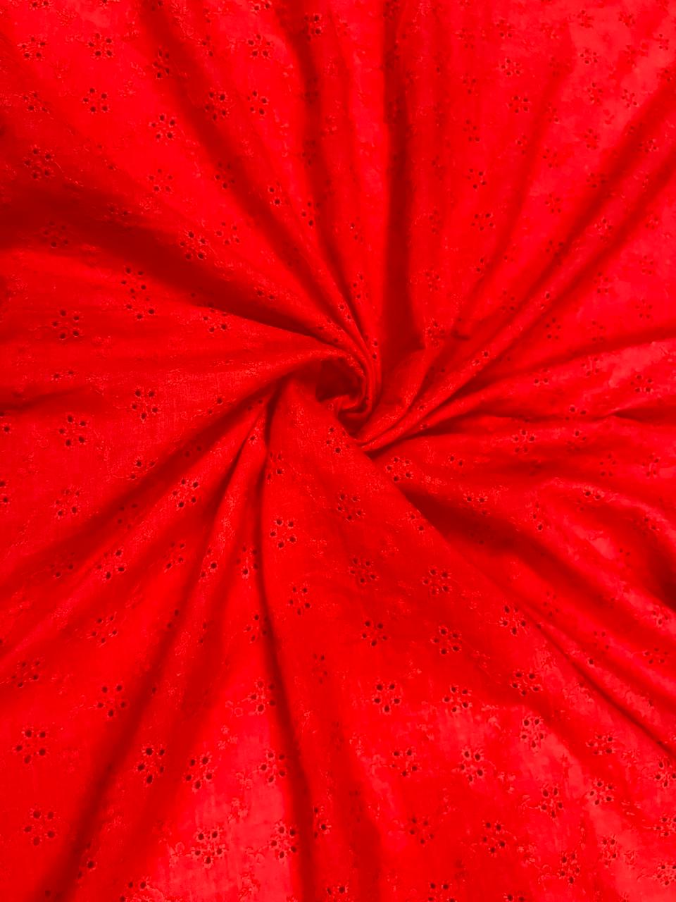 Premium Red Schiffli Embroidered Hakoba Cotton Fabric