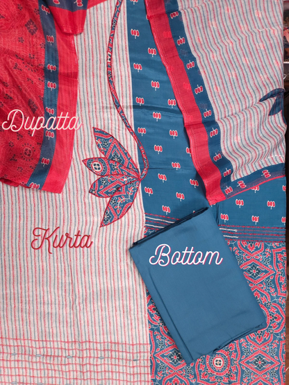 Ocean Ruby Printed Cotton Suit Fabric Set with Cotton Muslin Dupatta (3-Piece)