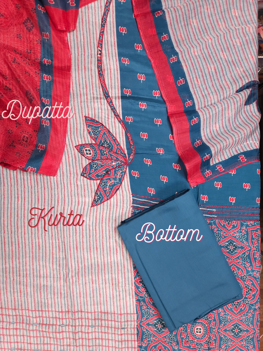 Ocean Ruby Printed Cotton Suit Fabric Set with Cotton Muslin Dupatta (3-Piece)