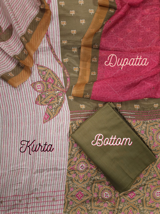 Olive Heritage Printed Cotton Suit Set Fabric with Cotton Muslin Dupatta (3-Piece)