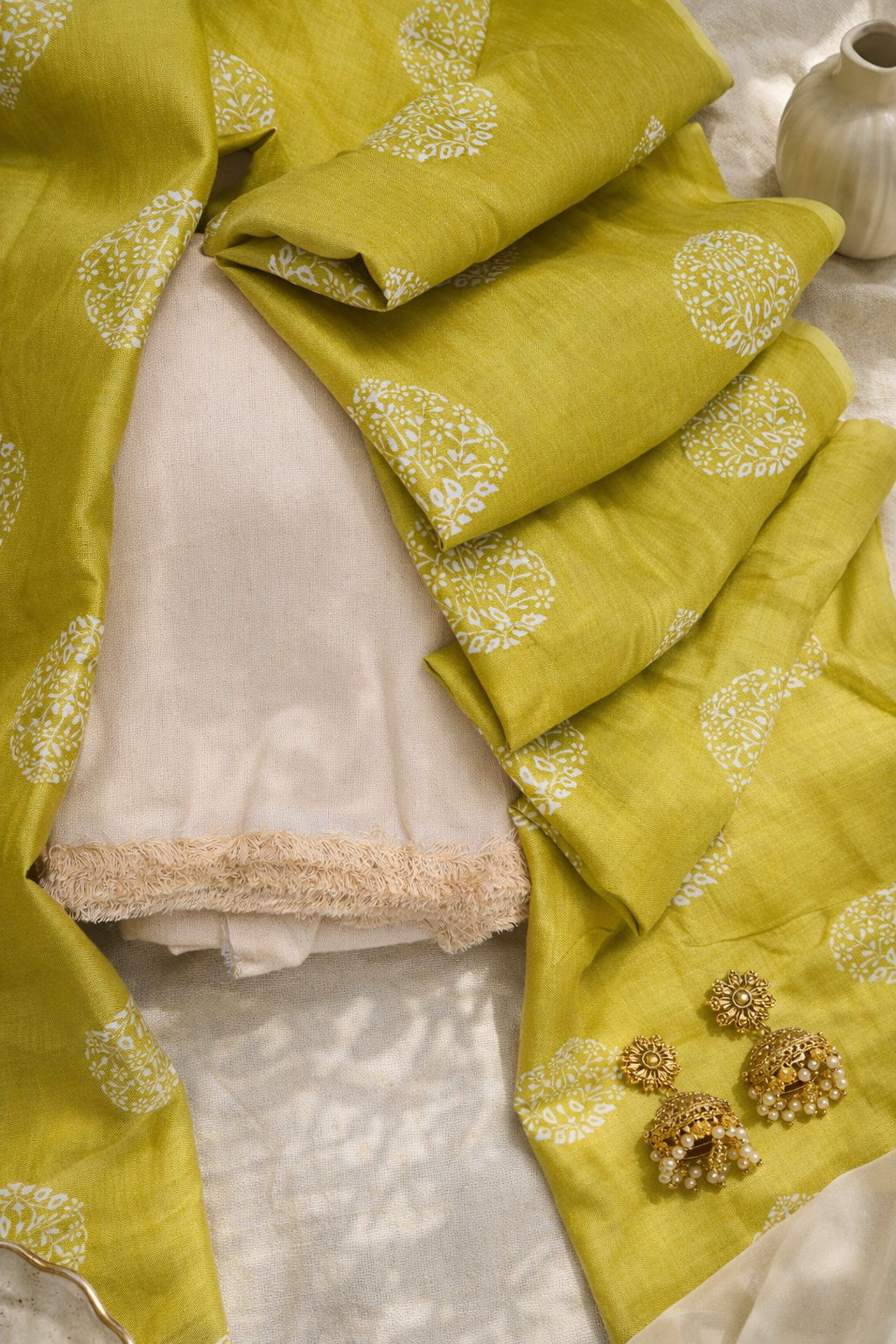 Beige Cotton Silk Suit with Pure Silk Dupatta