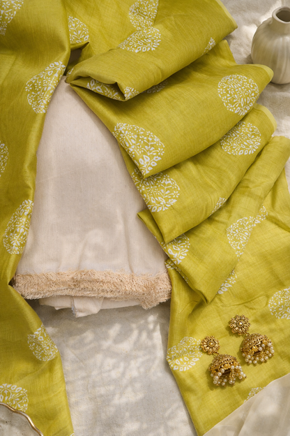 Beige Cotton Silk Suit with Pure Silk Dupatta