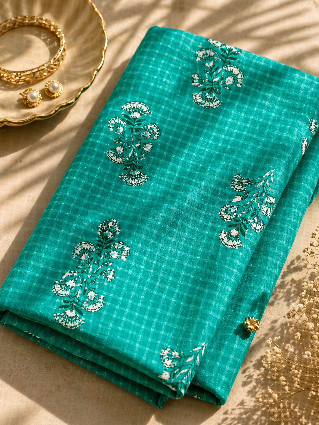 Aqua Green Floral Kota Cotton Fabric