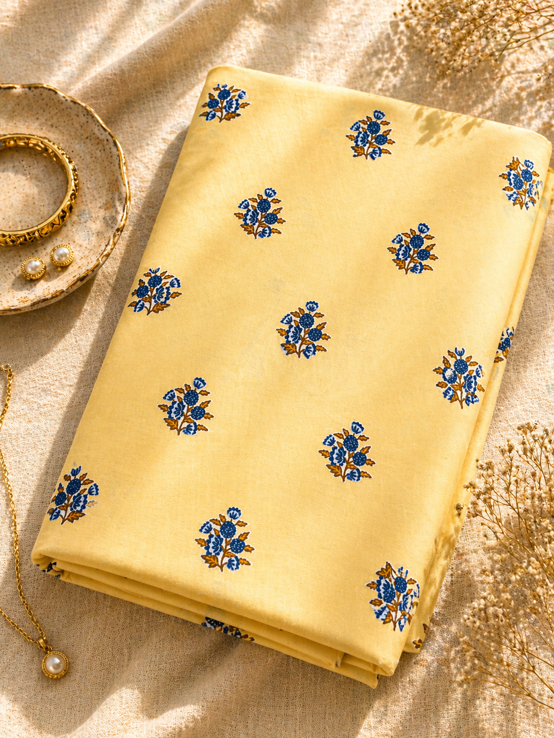 Pastel Yellow Floral Cotton Fabric 60 Inch Width
