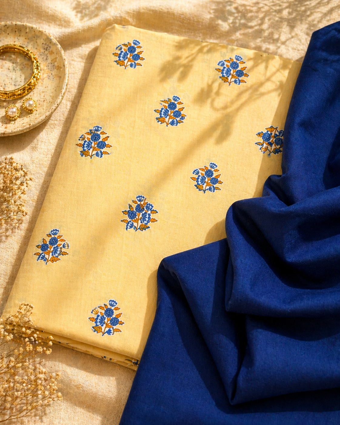 Yellow Printed Cotton Fabric with Contrast Blue Bottom