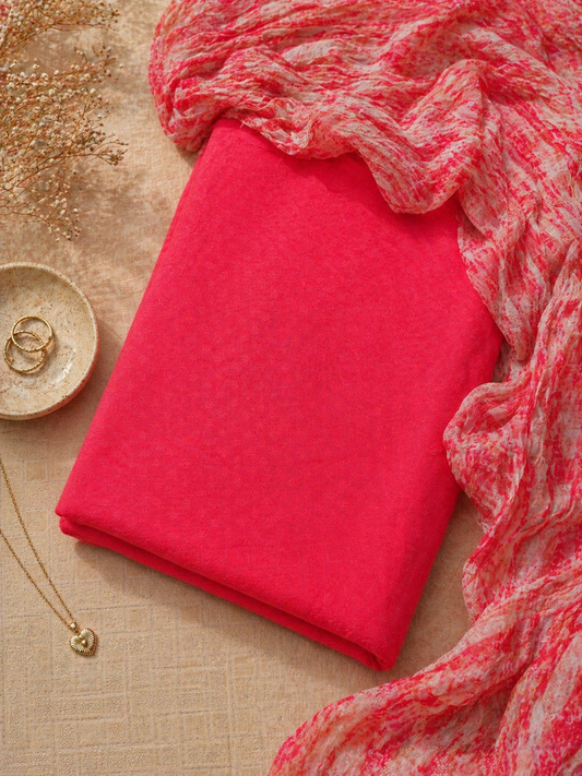 Coral Pink Modal Rayon Suit Set with Printed Chiffon Dupatta