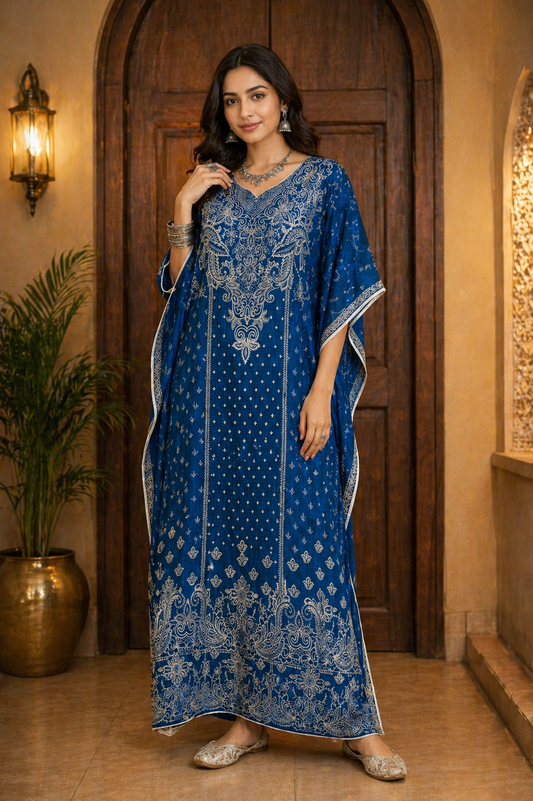 Premium Blue Modal Rayon Floral Kaftan Fabric