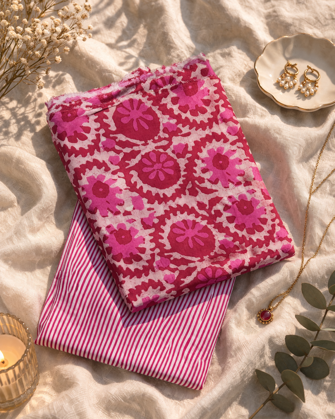 Pink Floral Cotton Suit Set with Striped Bottom