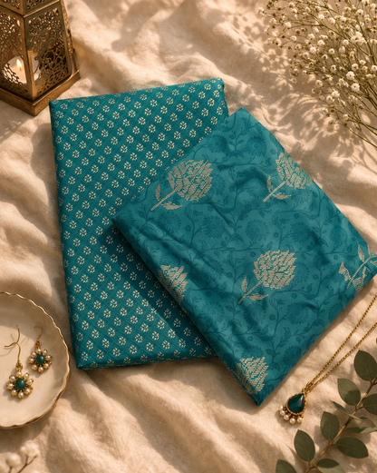 Teal Floral Cotton Suit Fabric Set with Contrast Butti Bottom