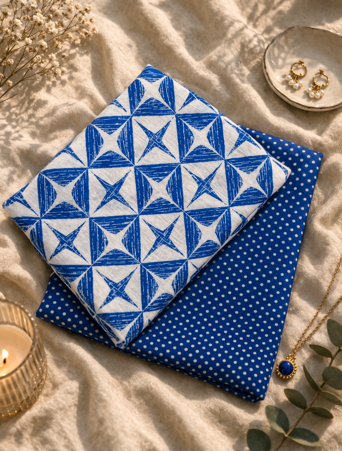 Blue Geometric Printed Cotton Suit Set with Polka Dot Bottom