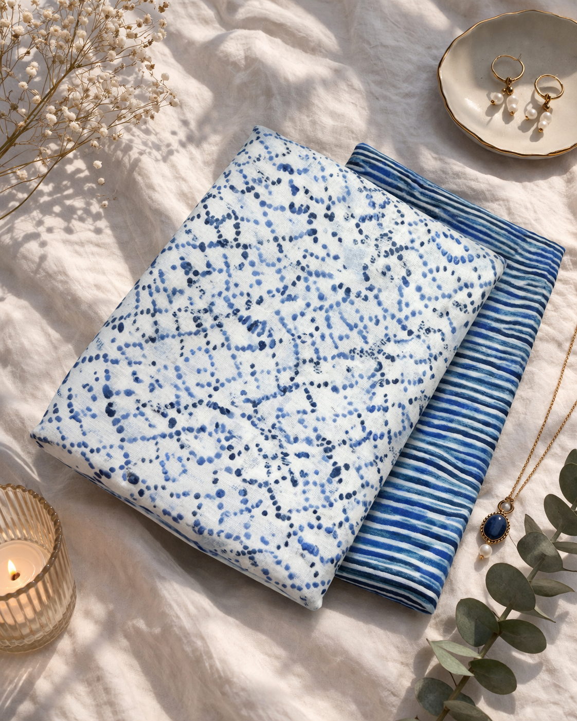 Blue Printed Cotton Suit Fabric Set with Striped Bottom