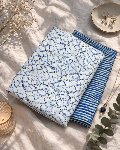 Blue Printed Cotton Suit Fabric Set with Striped Bottom