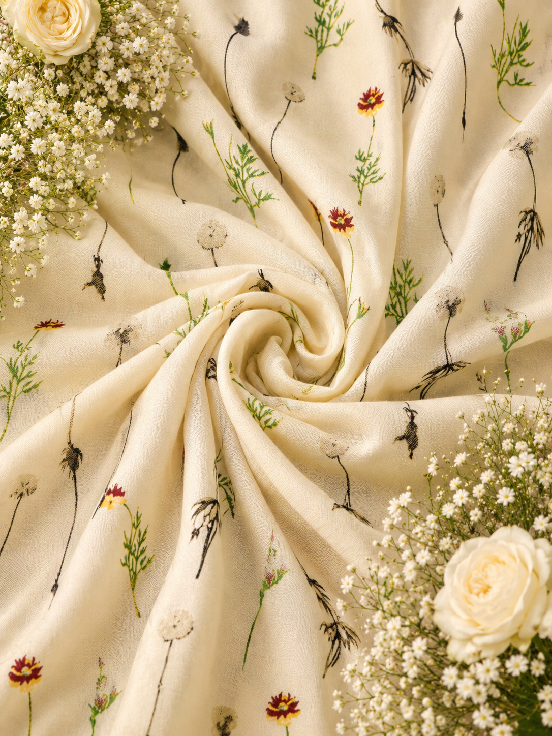 Ivory Wildflower Modal Rayon Fabric