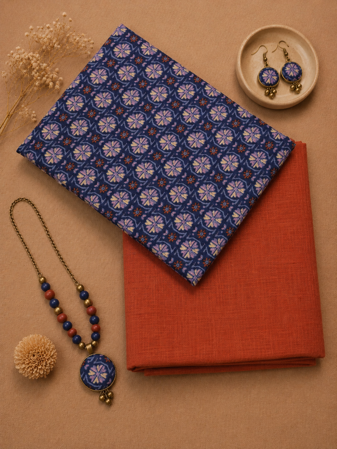 Navy Blue Printed Cotton Kurta Fabric with Rust Orange Cotton Linen Bottom