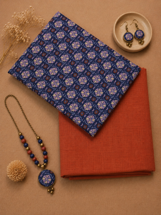 Navy Blue Printed Cotton Kurta Fabric with Rust Orange Cotton Linen Bottom